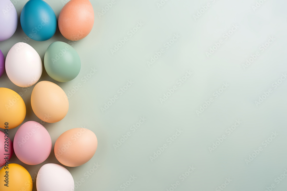 Colored Easter eggs on light pastel background top view with copy space Colored Easter eggs on light pastel background top view with copy space