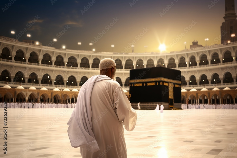 Man in pilgrim performing haj or umrah in front of kaaba, Mecca	