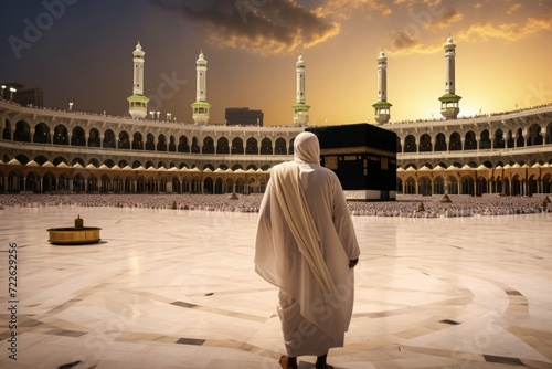 Man in pilgrim performing haj or umrah in front of kaaba, Mecca	
