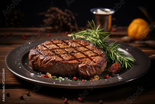 Grilled steak medium rare with rosemary on a plate on wooden table