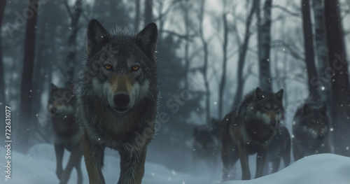 Obraz na plátně Cinematic Shot of a Wolfpack on the Hunt in Snowy Forest