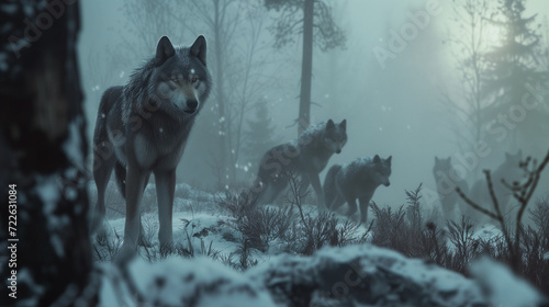 Fotografie, Obraz Cinematic Shot of a Wolfpack on the Hunt in Snowy Forest
