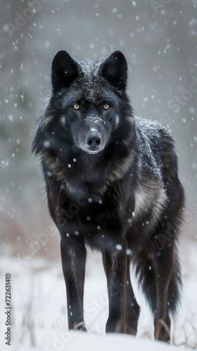 Majestic Black Wolf Standing in Snowy Forest © Rajko