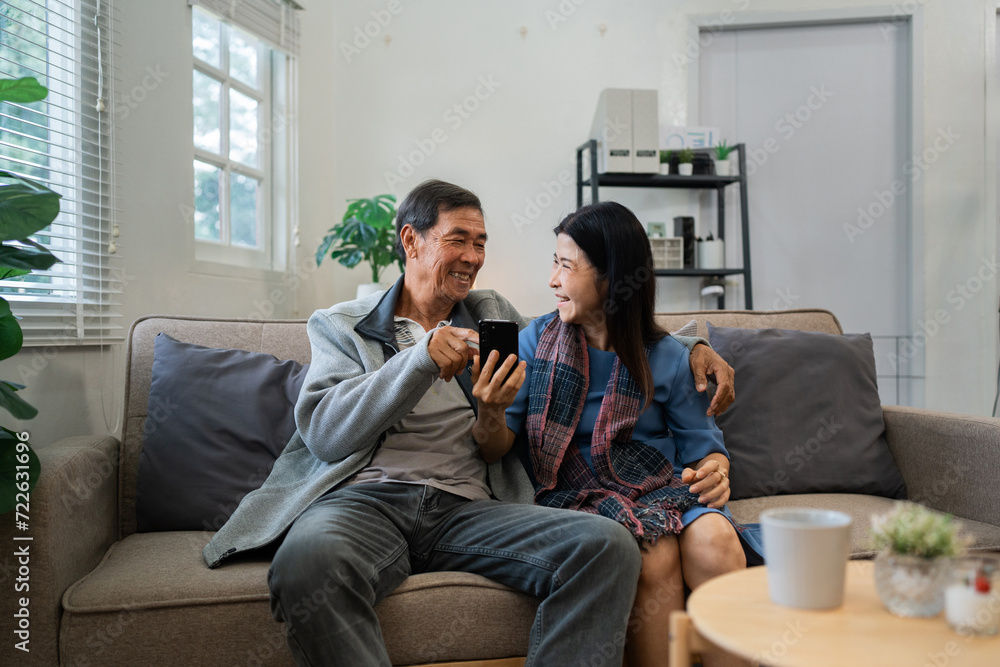 Retired elderly couple sits on couch using mobile together and relax in their home. Senior Activity Concept Retired elderly couple sits on couch using mobile together and relax in their home. Senior Activity Concept