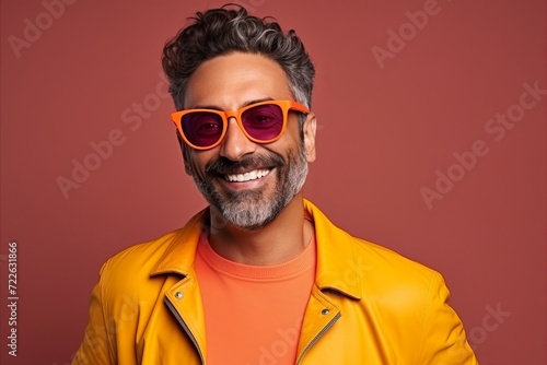 Portrait of a smiling middle-aged man in sunglasses on a red background