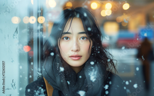 Expressive Asian model, feminine pose, cinematic portrait photoshoot, blurry background.