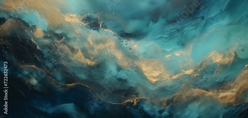 Ocean in rich blue and gold, abstract marbled wallpaper or background 004