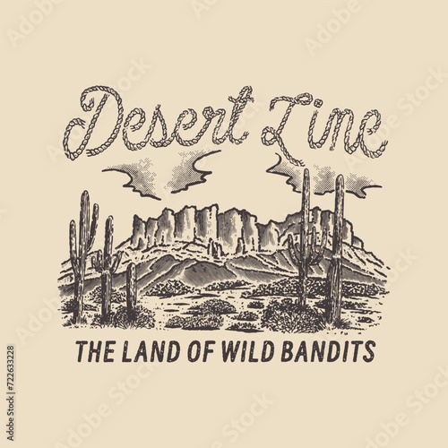 desert illustration landscape graphic cactus design badge outdoor vintage hand drawn