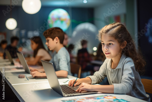 Kids in the classroom using AI to learn, girl working on a laptop with a robot teaching her