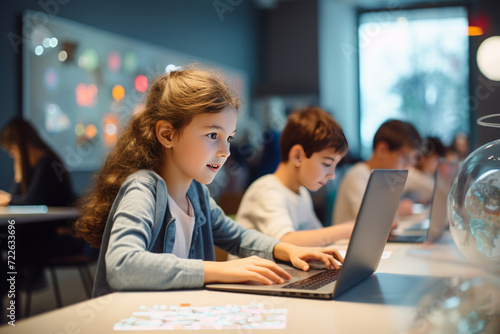Kids in the classroom using AI to learn, girl working on a laptop with a robot teaching her