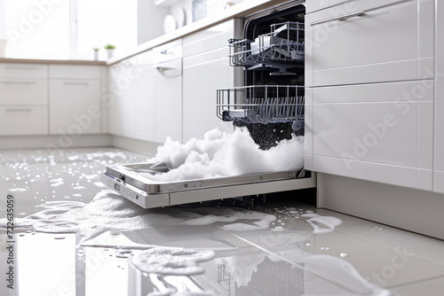 Broken dishwasher leaking in a white modern kitchen with a door open and a lot of foam and water coming out of it