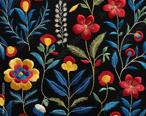 Elegance of Textured Patterns - Botanical, Geometric, and Embroidered Silk in Folk Art Motifs Gen AI photo