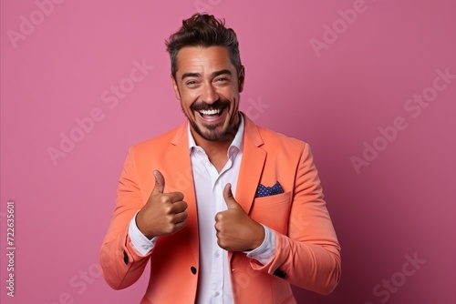 Handsome young man in orange suit showing thumbs up and smiling while standing against pink background