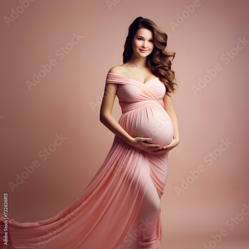 beauty of pregnancy. The subject, elegantly draped in a flowing pink gown, stands in a graceful pose. Beauty young mom