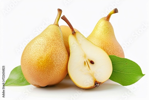 Ripe pears with green leaves isolated on a white background., Generative Ai