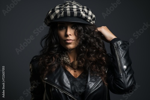 Beautiful brunette woman in black leather jacket and cap posing in studio. © Inigo