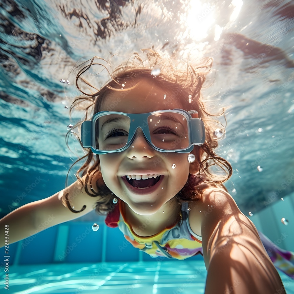 Little girl wearing goggles is swimming underwater in a pool - generative AI