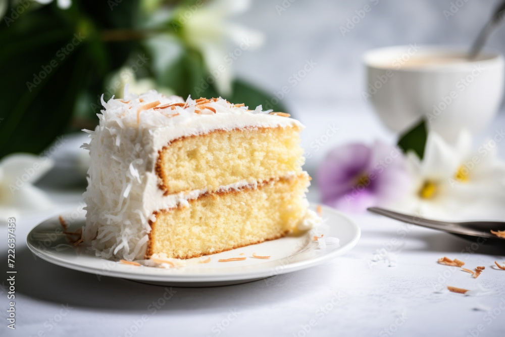 Coconut cake with a slice taken out, fluffy homemade coconut cake, Easter dessert idea Coconut cake with a slice taken out, fluffy homemade coconut cake, Easter dessert idea