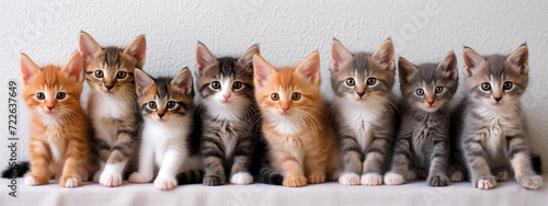 Many different colored kittens, cats sitting and looking at camera, banner design