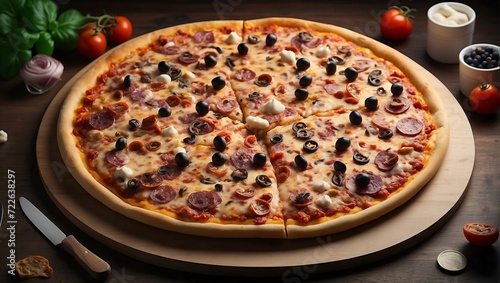 Illustration of pizza with lots of toppings on the table. Delicious pizza slices. Illustration of a typical Italian dish. Pizza rendering image for promotion