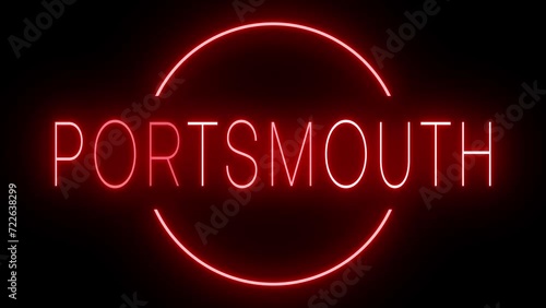 Flickering red retro style neon sign glowing against a black background for PORTSMOUTH photo