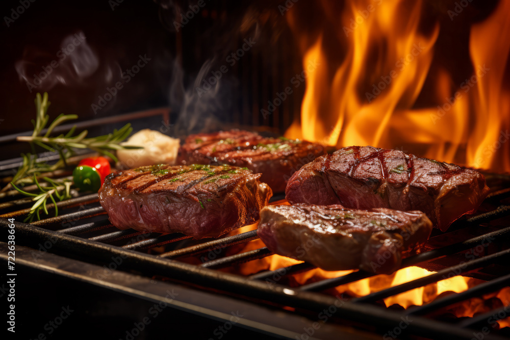 Beef steaks being grilled with herbs on an outdoor charcoal grill with flames underneath
