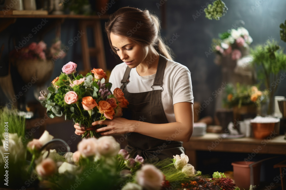 Female florist in her store making springtime flower arrangement Female florist in her store making springtime flower arrangement