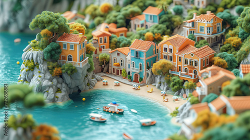 A miniature model of a small resort town in the mountains near the sea.
