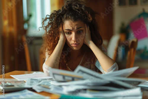 Young worried woman with a pile of bills or tax papers looking confused or overwhelmed, being in debt or behind on taxes or bills photo