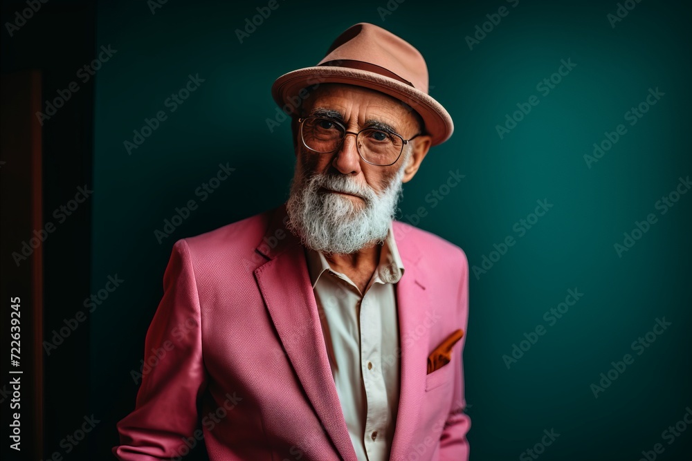 Portrait of an old man in a pink suit and hat. Portrait of an old man in a pink suit and hat.