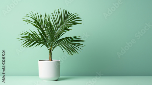 palm tree in white pot with copy space on green background