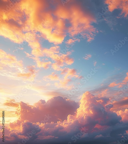 Sky at sunset, sky at sunrise, clouds, orange clouds cirrus clouds, cumulus clouds, sky gradient, sky background at dusk, twilight, nightfall, pink sky, pink clouds, sun, environment, Generative AI © Ananya
