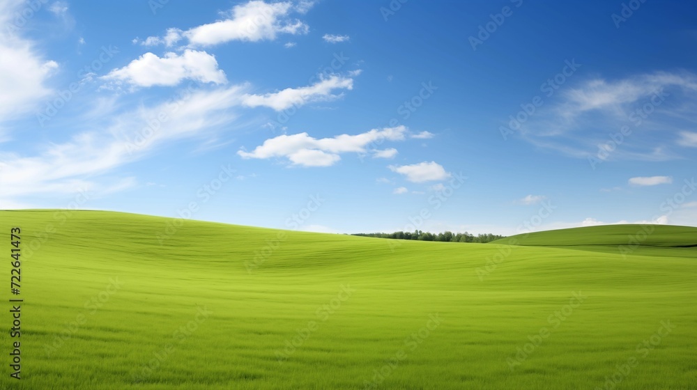 An image of a landscape of green field and blue sky.