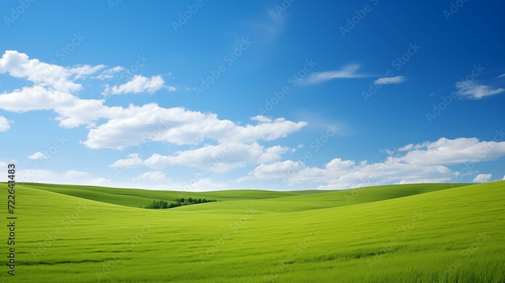 An image of a landscape of green field and blue sky.
