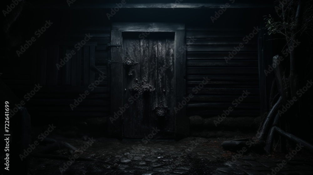 Black door, shrouded in an air of secrecy. - obrazy, fototapety, plakaty 