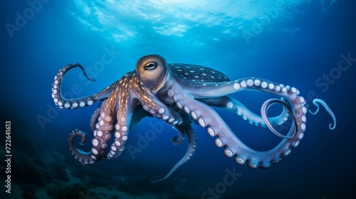 An octopus in a deep, beautiful blue ocean.