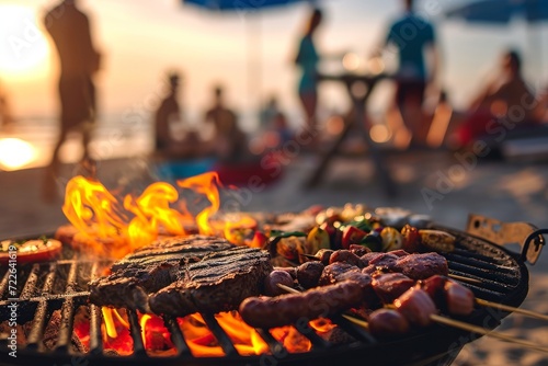 Barbecue party with people in the background, beach party, sand, sea, grilled steak and sausage, grilled meat, fire, summer party, barbecue at the beach, people having fun with friends, Generative AI