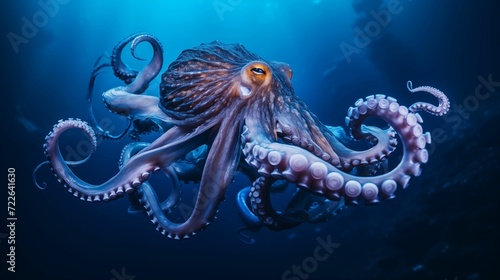 An octopus in a deep, beautiful blue ocean.