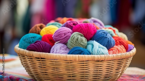 Basket filled with balls of yarn.