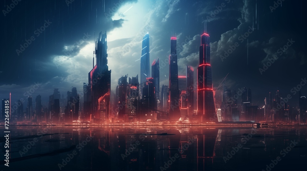 City skyline in cyberpunk style with towering buildings. City skyline in cyberpunk style with towering buildings.