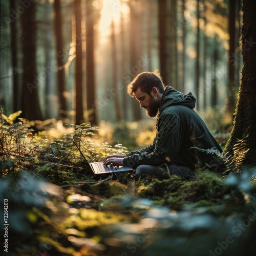 Man working in nature, teleworking, plant a tree, man with laptop in a forest, computer, informatic, feeling good at work, working from home, remote working, back to nature, Generative AI