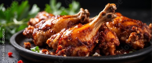 fresh chicken boned wings in buffalo barbeque, or spicy sauce with flying ingredients and spices hot ready to serve and eat food

