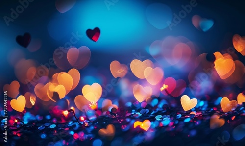 heart shaped bokeh, confetti for wedding, blurry heart background, romantic, valentine's day, depth of field, heart shaped multicolored lights, haze, rainbow, blue blurred, Generative AI