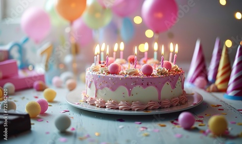 pink birthday cake with candles, birthday party for children, children having fun, colorful cake, rainbow, multicolored baloons and sparkles, chocolate, sugar and candies, sweet, Generative AI