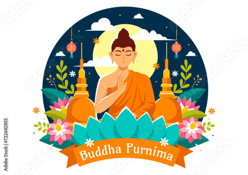 Happy Buddha Purnima Vector Illustration of Vesak Day or Indian Festival to Spiritual with in a Deep Meditation in Flat Cartoon Background