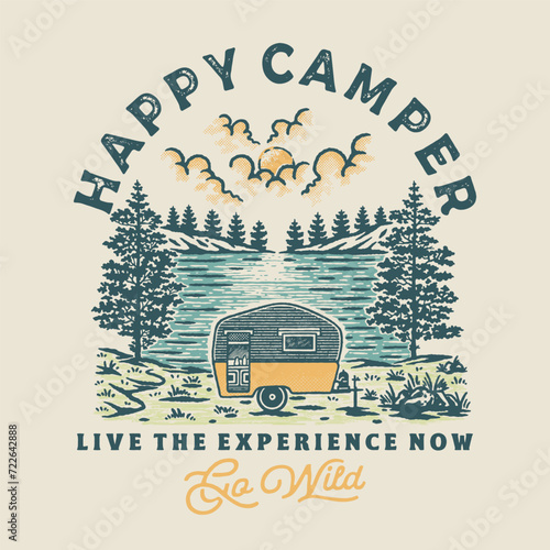 mobile illustration scout graphic camper badge lake vintage forest outdoor landscape natural