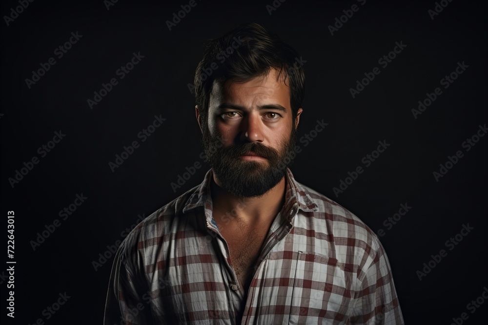 Portrait of a bearded man in a plaid shirt on a dark background.