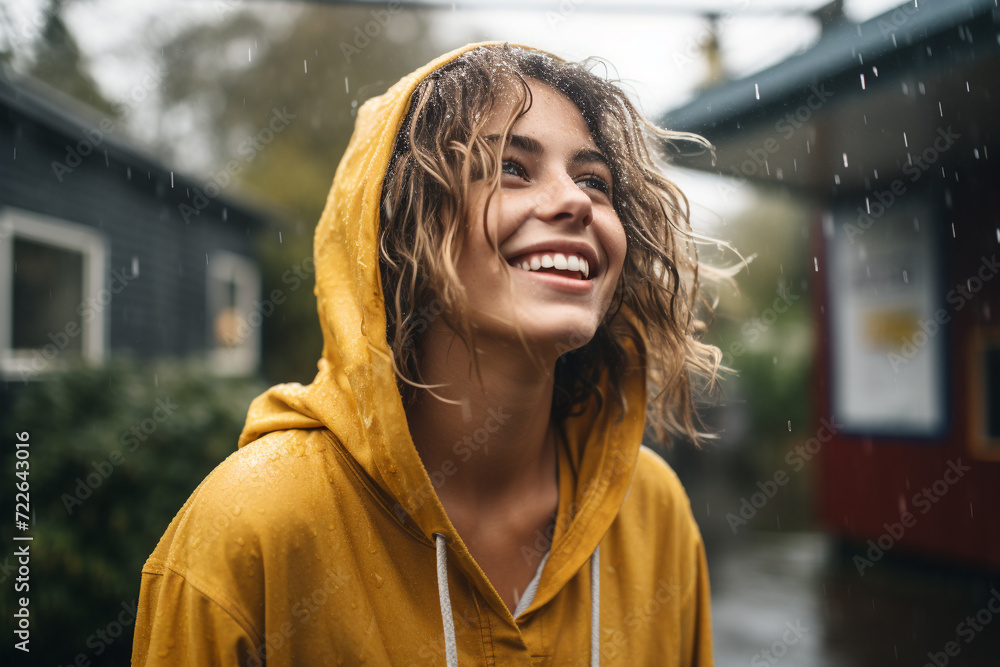smiling woman man with rain and wind interact dynamically, causing ...