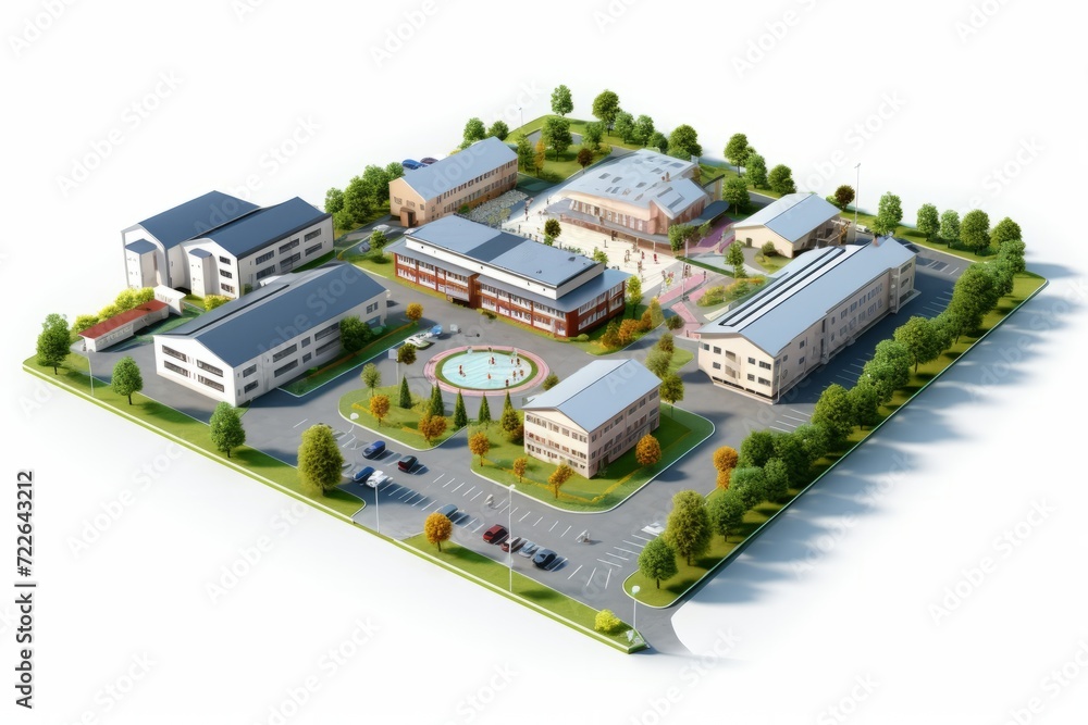 School Campus Layout, Displaying Classrooms and Outdoor Amenities, on an Isolated White Background, Generative AI School Campus Layout, Displaying Classrooms and Outdoor Amenities, on an Isolated White Background, Generative AI