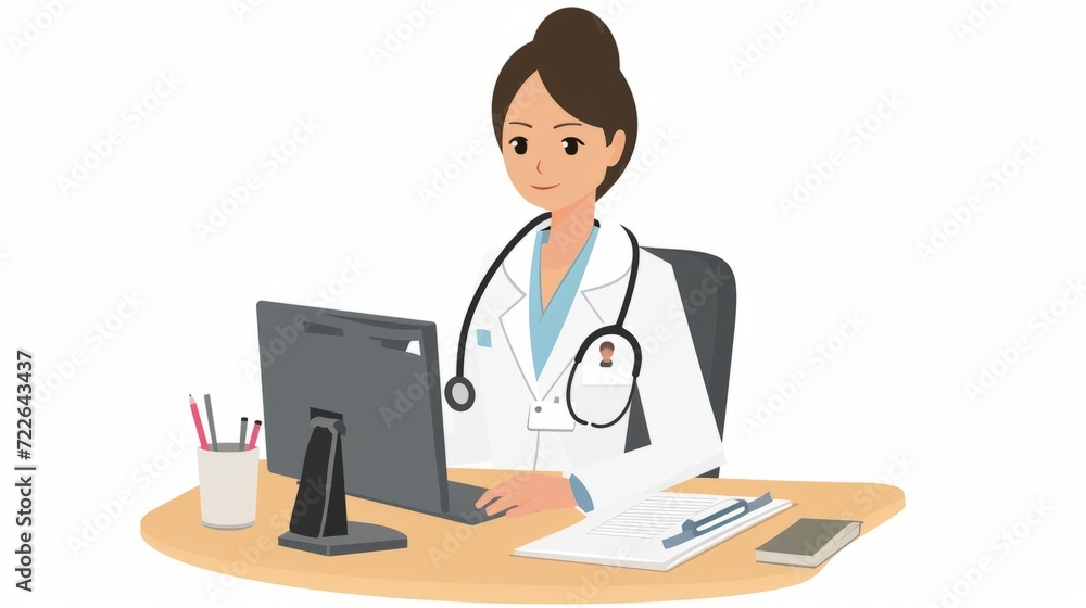 Asian female nurses look at medical computers from their desks, adopting the style of Edogawa Chaos wave,